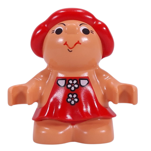 Duplo Figure Little Forest Friend Female, Red Dress with Two White Flower Buttons Print (Lolly Strawberry) Nougat