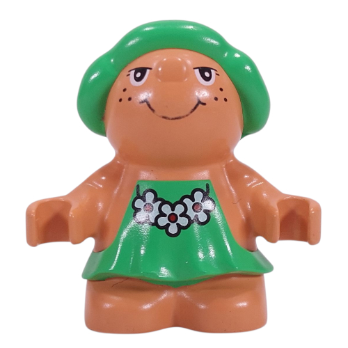Duplo Figure Little Forest Friend Female, Green Dress with Three White Flowers Necklace Print (Trixie Toadstool) Nougat