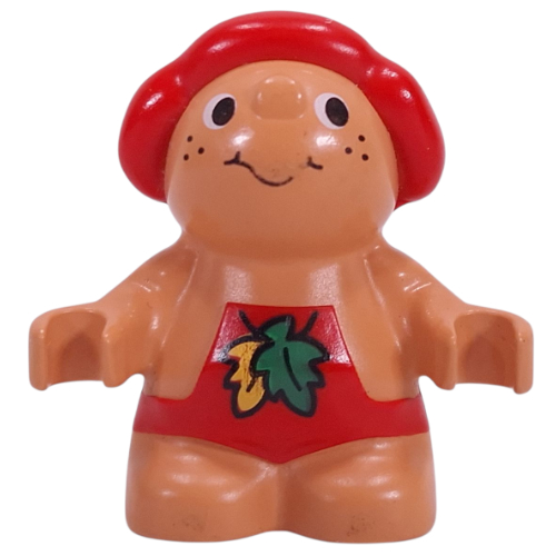 Duplo Figure Little Forest Friend, Male, Red Overalls with Green and Yellow Leaf Print (Baby Jelly Strawberry) Nougat