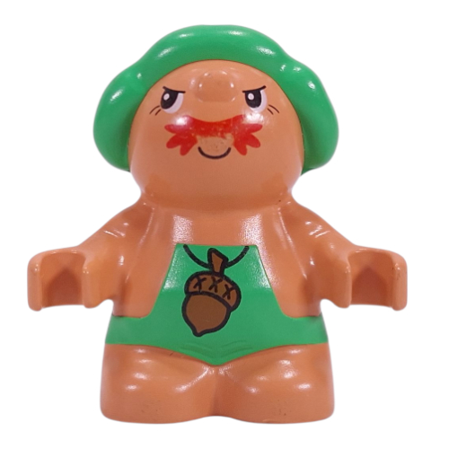 Duplo Figure Little Forest Friend, Male, Green Overalls with Acorn Necklace Print (Grumpy Toadstool) Nougat
