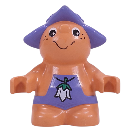 Duplo Figure Little Forest Friend, Male, Medium Violet Overalls with White Flower Necklace Print (Toot Bluebell) Nougat