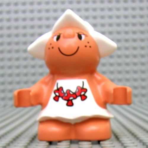 Duplo Figure Little Forest Friend, Female with White Dress with Three Red Mushrooms Print (Snoozy Meadowsweet) Nougat