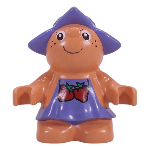 Duplo Figure Little Forest Friend, Female, Medium Violet Dress with Strawberries Print (Jingle Bluebell) Nougat