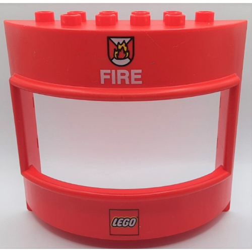 Duplo Wall with Window 3 × 8 × 6 Curved with Lego Logo and Fire Print Red