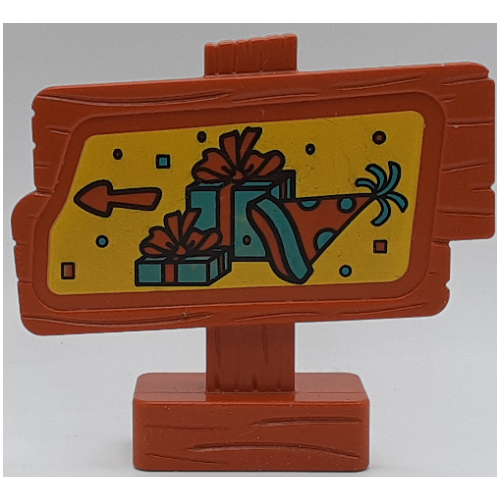 Duplo Sign, Wood Grain with Two Gifts / Presents, Party Hat, and Arrow Print Dunkelorange