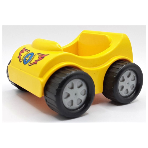 Duplo Car with Silver Wheels and Blue Circle with '4', Red Flames Print Yellow