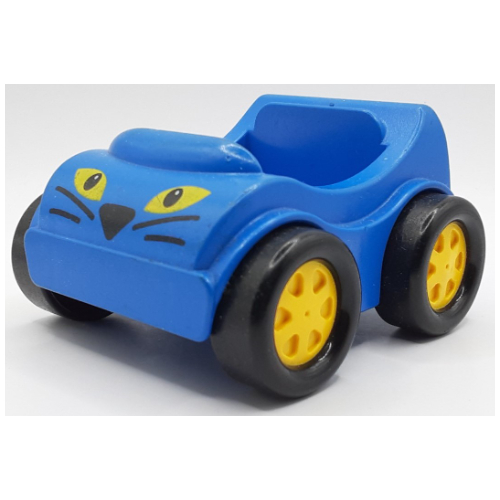 Duplo Car with Yellow Wheels and Cat Face Print Blue