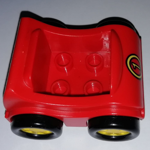 Duplo Car with Yellow Wheels and '1' Print Red