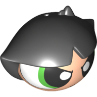 Minifig Head Special, Powerpuff Girl with Green Eyes and Short Hair (Buttercup) Black