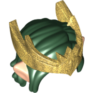 Hair and Tiara, Mid-length (Hole in Back) and Light Nougat Elf Ears and Pearl Gold Wing-Shaped Tiara with Pointed Center Shield Dunkelgrün
