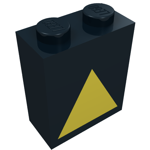 Brick 1 × 2 × 2 with Inside Axle Holder with Yellow Triangle Print Black