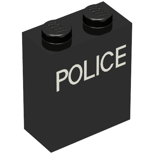 Brick 1 × 2 × 2 with Inside Axle Holder with White 'POLICE' Print Black