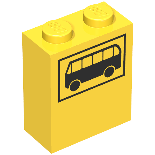 Brick 1 × 2 × 2 with Inside Axle Holder with Black Bus Print Gelb
