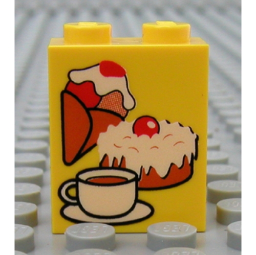Brick 1 × 2 × 2 with Inside Axle Holder with Ice Cream, Cake and Coffee Print Yellow