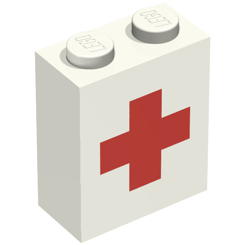 Brick 1 × 2 × 2 with Inside Axle Holder with Red Cross Print Weiß