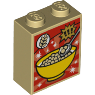 Brick 1 × 2 × 2 with Inside Stud Holder with Cereal Bowl, Wheat and Exclamation Marks Print Tan
