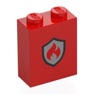 Brick 1 × 2 × 2 with Inside Stud Holder with Black/Silver Firefighter Badge print Rot