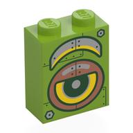 Brick 1 × 2 × 2 with Inside Stud Holder with Yellow Robot Eye, Silver/Copper Armor Plating print Lime