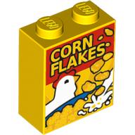 Brick 1 × 2 × 2 with Inside Stud Holder with Cereal Box with Chicken and 'CORN FLAKES' Print Yellow