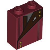 Brick 1 × 2 × 2 with Inside Stud Holder with Red Jacket, Buttons print Dunkelrot
