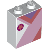Brick 1 × 2 × 2 with Inside Stud Holder with Coral Star on Dark Purple Circle, Pink/Coral/Lavender Shapes White