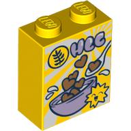 Brick 1 × 2 × 2 with Inside Stud Holder with Breakfast Cereal HCC Hearts, Spoon, Bowl print Gelb