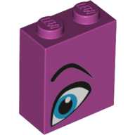 Brick 1 × 2 × 2 with Inside Stud Holder with Blue Eye, Eyebrow Right print Magenta