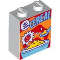 Brick 1 × 2 × 2 with Inside Stud Holder with Cereal Box print White