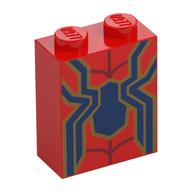 Brick 1 × 2 × 2 with Inside Stud Holder with Dark Blue Iron Spider-Man Logo, Gold Trim print Red