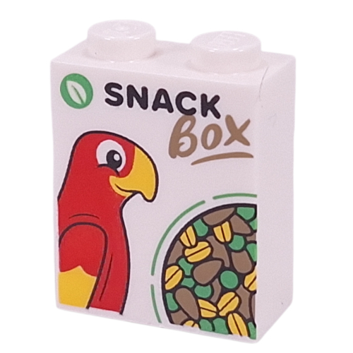 Brick 1 × 2 × 2 with 'SNACK BOX', Parrot, Pellets print White