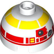 Brick Round 2 × 2 Dome Top, Vented Stud with Yellow and Red Astromech Droid print (L3-G0) Weiß