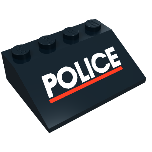 Brick Sloped 33° 3 × 4 with White "POLICE" and Red Line Print Schwarz