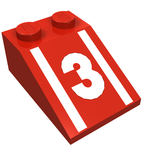 Brick Sloped 33° 3 × 2 with White Stripes, '3' Print Rot