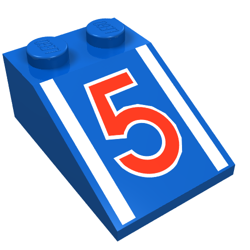 Brick Sloped 33° 3 × 2 with Red "5" and White Stripes Print Blue