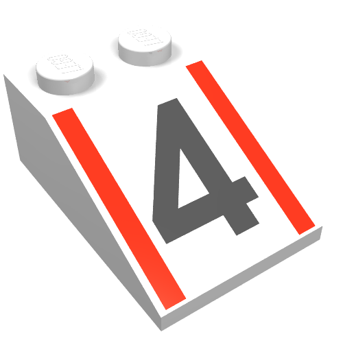 Brick Sloped 33° 3 × 2 with Black "4" and Red Stripes Print White