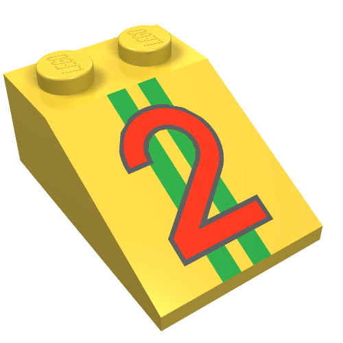 Brick Sloped 33° 3 × 2 with Red '2' over Two Green Stripes Print Yellow