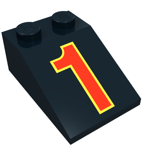 Brick Sloped 33° 3 × 2 with Red '1' and Yellow Outline Print Black