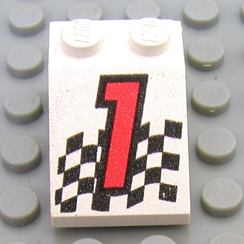 Brick Sloped 33° 3 × 2 with Red '1', Chequered Flag Print White