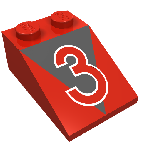 Brick Sloped 33° 3 × 2 with Red '3', Black Triangle Print Red