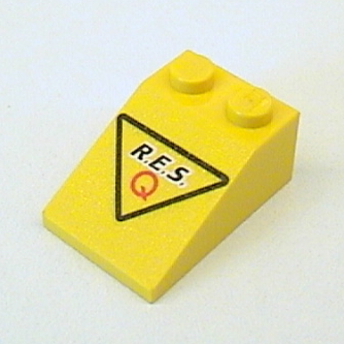 Brick Sloped 33° 3 × 2 with 'R.E.S. Q' and Black Triangle Print (Res-Q)