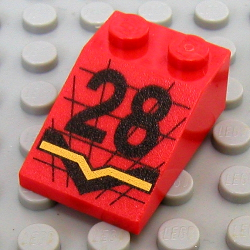 Brick Sloped 33° 3 × 2 with Black '28' and Black/Yellow Stripes Print Rot