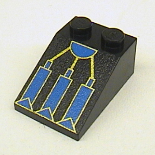 Brick Sloped 33° 3 × 2 with RoboForce Blue and Gold Mechanical Foot Print Schwarz
