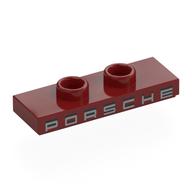 Plate Special 1 × 3 with 2 Studs with Groove and Inside Stud Holder (Jumper) with Silver 'PORSCHE' print Dunkelrot
