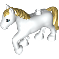 Duplo Animal Horse with one Stud and Raised Hoof with Eyelashes and Gold Mane and Tail Print White