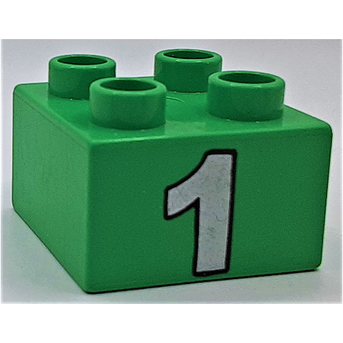 Duplo Brick 2 × 2 with Silver Number 1 Print Bright Green