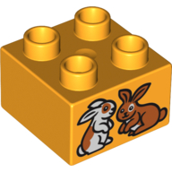 Duplo Brick 2 × 2 with Two Rabbits Print Bright Light Orange
