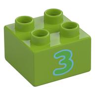 Duplo Stein 2 × 2 mit '3' Druck Limette