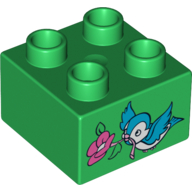 Duplo Brick 2 × 2 with Bluebird and Dark Pink Flower Print Hellgrün