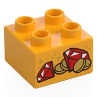 Duplo Brick 2 × 2 with Coins and Red Gems (Jewels) Print Leuchtendes Hellorange