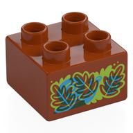 Duplo Brick 2 × 2 with Red, Blue, Lime Leaves, Snail print Dunkelorange